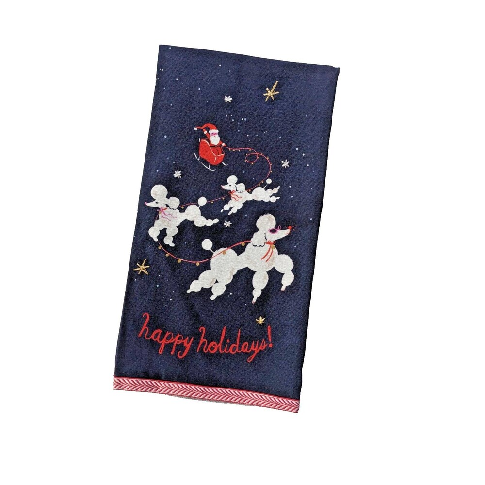 Anthropologie‎ Louise Pretzel Dashing Poodles Embroidered Christmas Dish Towel